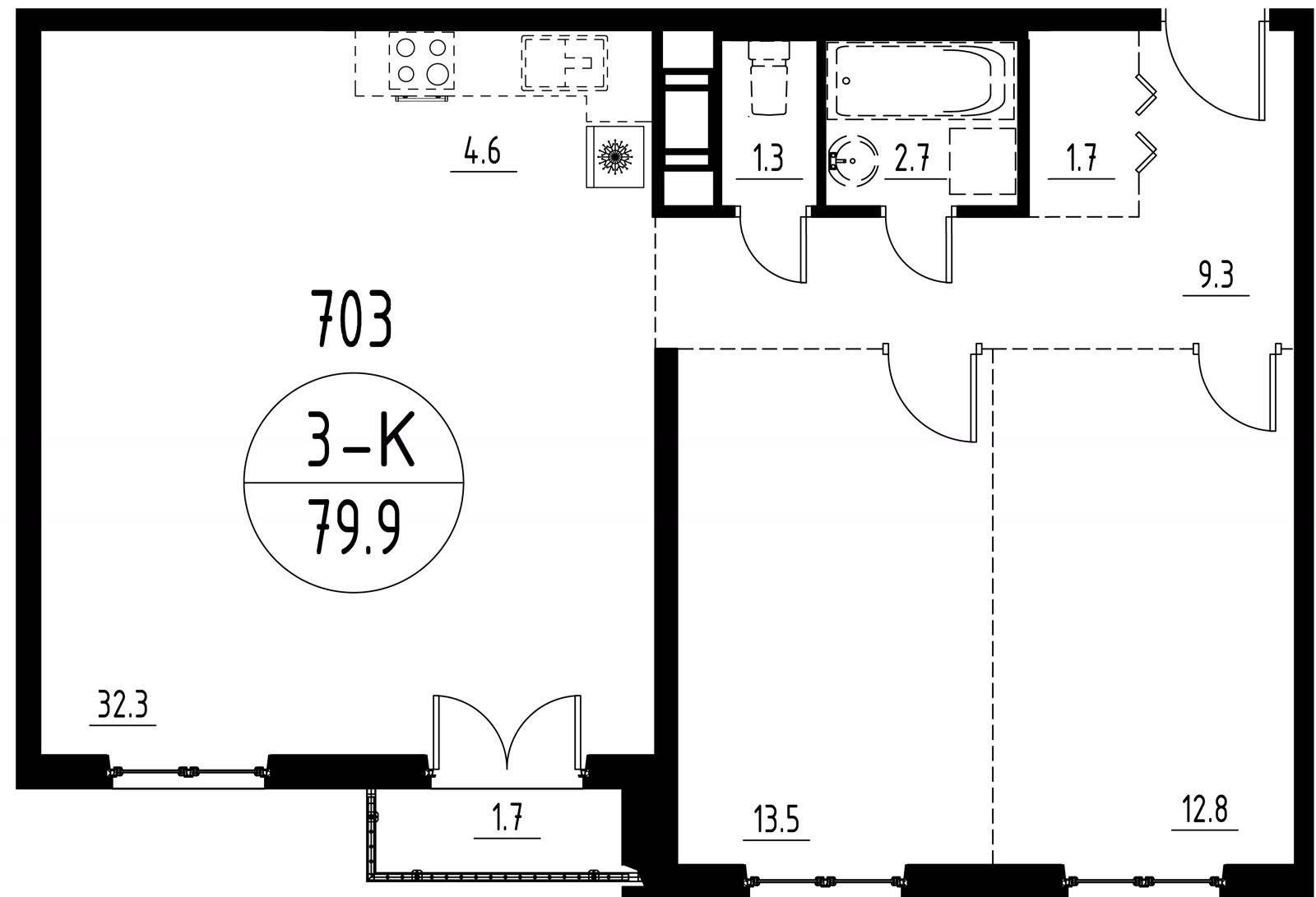 Планировка трёхкомнатной квартиры 79,9 м²