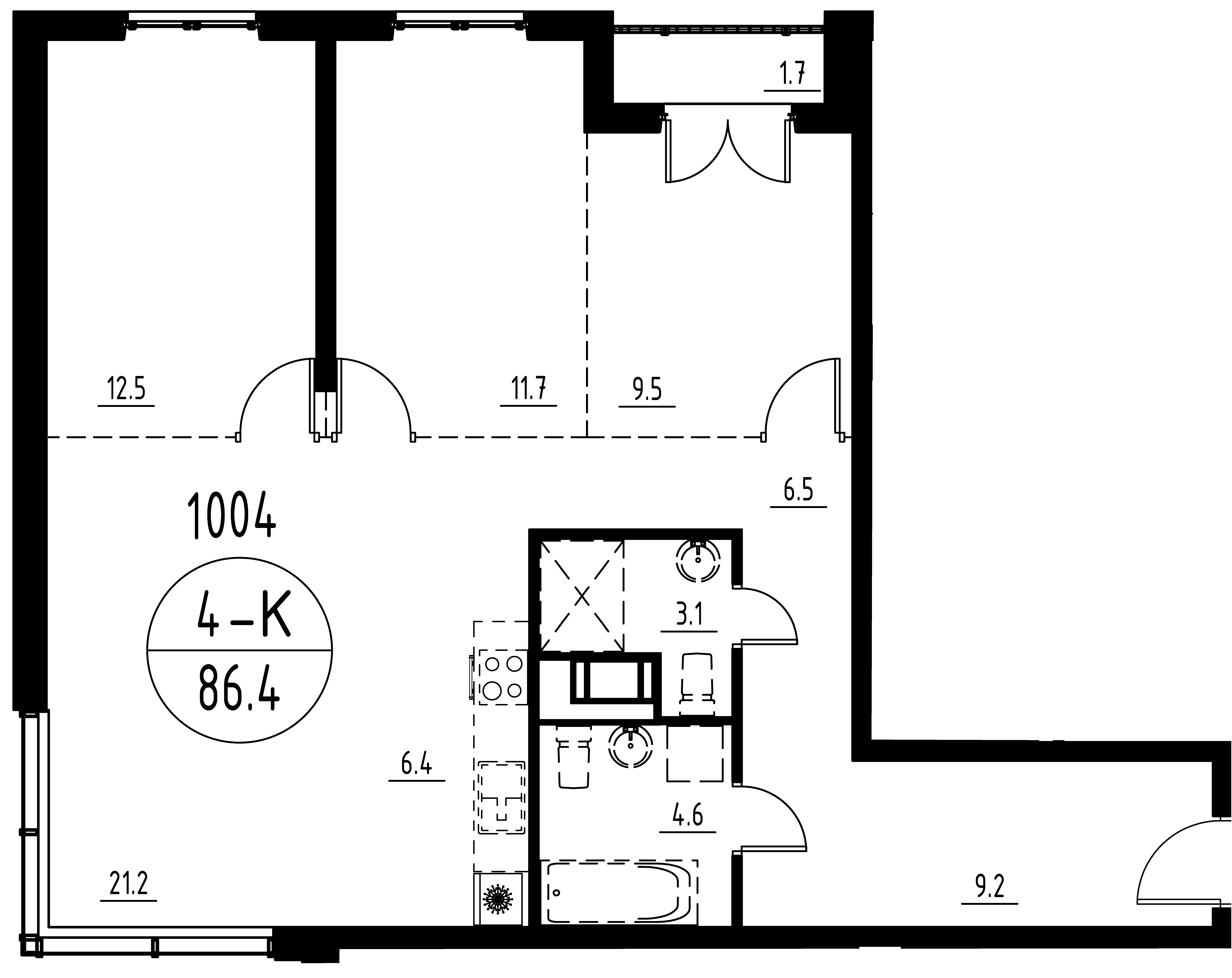 Планировка четырёхкомнатной квартиры 86,4 м²